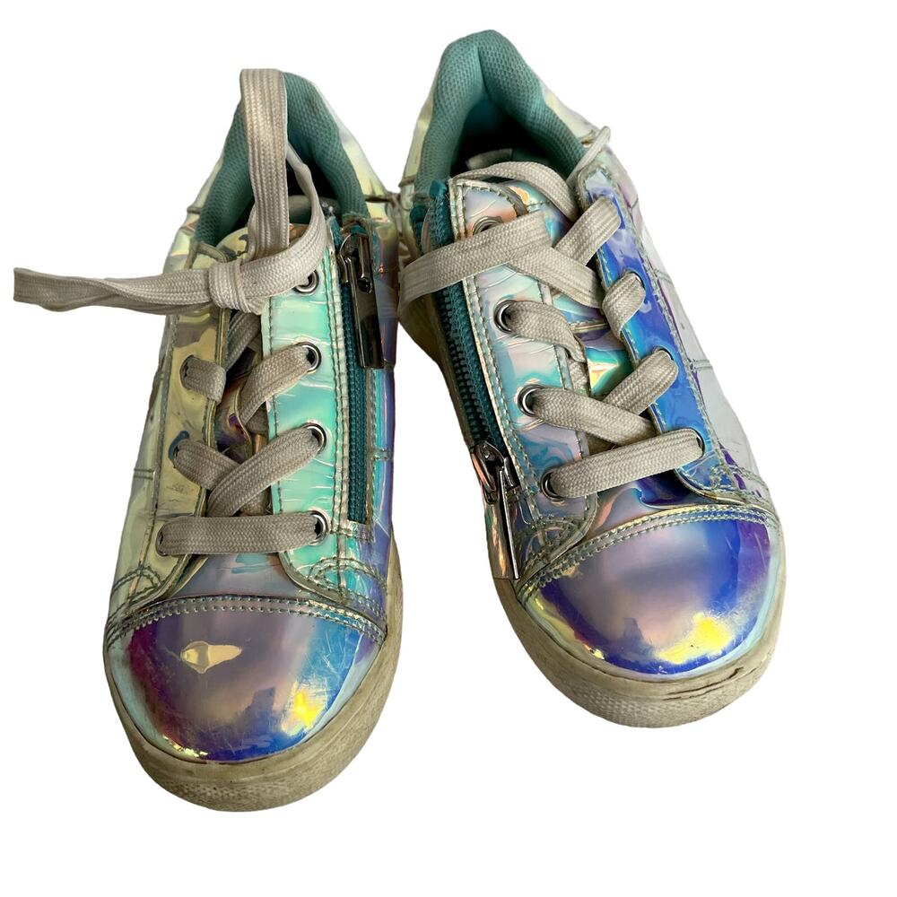 Kidpik Girls' Iridescent Sneakers with Tie and Zipper Size 11 shoes